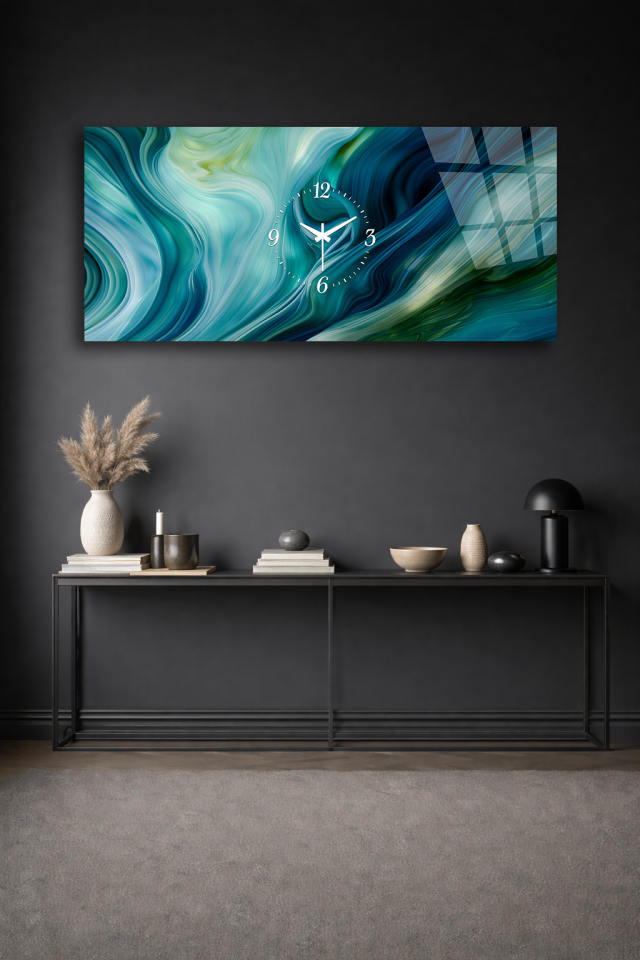 KIRILMAZ CAM DUVAR SAATİ , HEM TABLO HEM SAAT YEŞİL MERMER AKIŞ DESEN ŞIK DEKOR EV OFİS HEDİYESİ