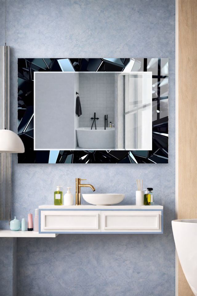 HEM TABLO HEM AYNA SİYAH KRİSTAL PARLAK GEOMETRİK CAM DUVAR AYNASI EV DEKORU