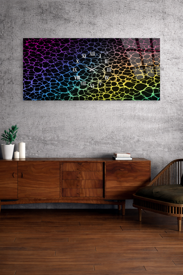 KIRILMAZ CAM DUVAR SAATİ , HEM TABLO HEM SAAT RENKLİ SOYUT DOKU MODERN SANAT EV OFİS HEDİYESİ