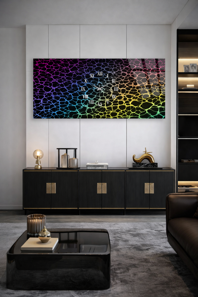 KIRILMAZ CAM DUVAR SAATİ , HEM TABLO HEM SAAT RENKLİ SOYUT DOKU MODERN SANAT EV OFİS HEDİYESİ