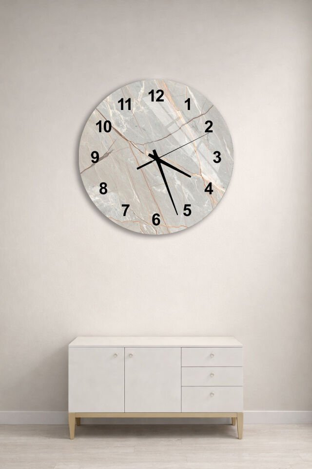 KIRILMAZ CAM DUVAR SAATİ, GRİ MERMER DAMARLI ŞIK TASARIM, HEM TABLO HEM SAAT, EV OFİS HEDİYESİ