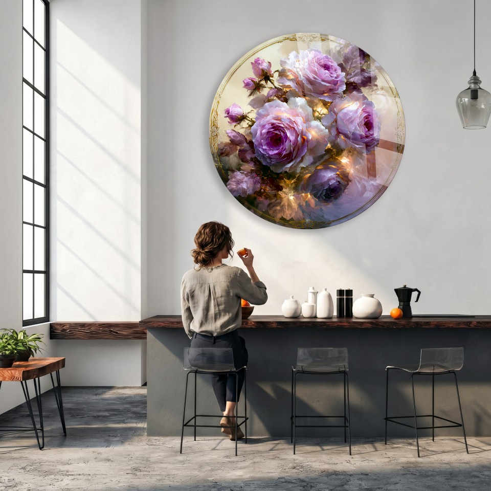KIRILMAZ CAM TABLO, YUVARLAK PEMBE GÜL ÇİÇEK TEMALI ROMANTİK DEKORATİF EV OFİS HEDİYESİ