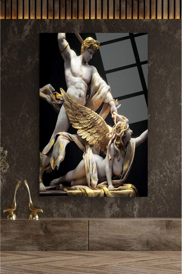 Medusa ve Perseus, Mitoloji, GÖRKEMLİ HARİKA TASARIM KIRILMAZ CAM TABLO EV OFİS İŞ YERİ HEDİRYESİ Siyah