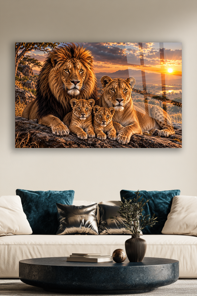 ASLAN AİLESİ GÜN BATIMI SAFARİ MANZARALI DEKORATİF CAM TABLO EV OFİS HEDİYESİ