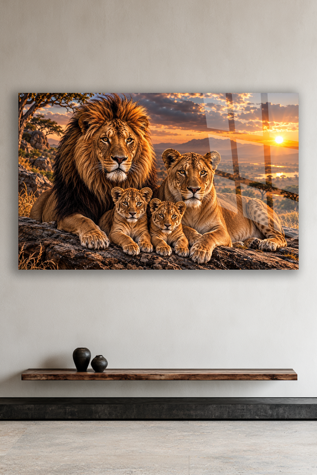 ASLAN AİLESİ GÜN BATIMI SAFARİ MANZARALI DEKORATİF CAM TABLO EV OFİS HEDİYESİ
