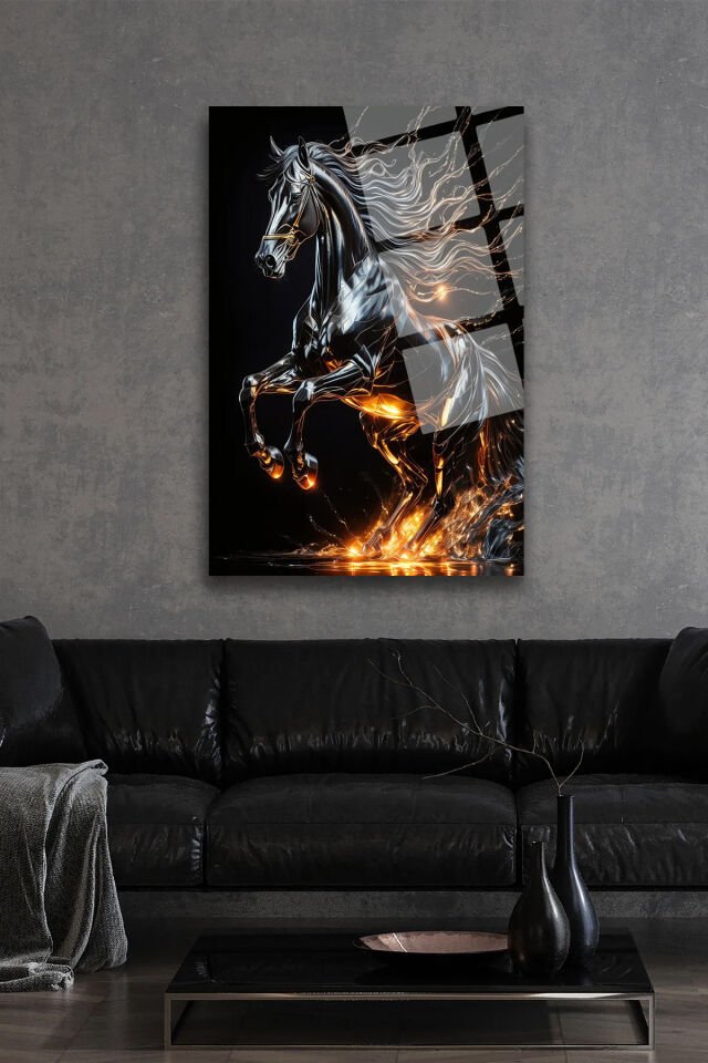 ATEŞ İÇİN DE ŞAHA KALKAN GÖRKEMLİ HARİKA AT GÖRSELİ KIRILMAZ CAM TABLO EV OFİS İŞ YERİ HEDİRYESİ Siyah