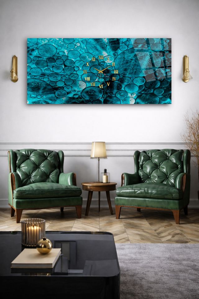 KIRILMAZ CAM DUVAR SAATİ , HEM TABLO HEM SAAT TURKUAZ DAMLA DOKU DESEN EV OFİS HEDİYESİ