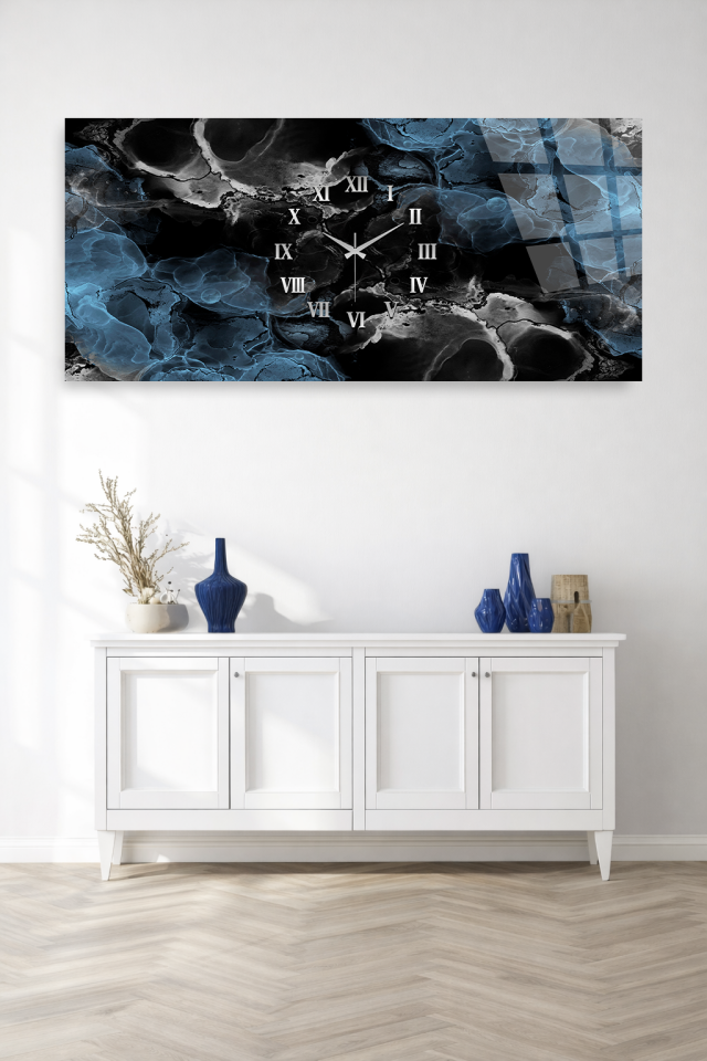 KIRILMAZ CAM DUVAR SAATİ , HEM TABLO HEM SAAT SİYAH MAVİ MERMER SOYUT TASARIM EV OFİS HEDİYESİ