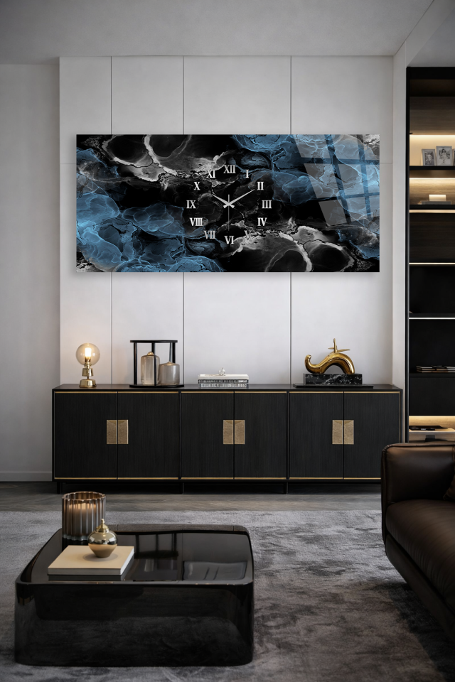 KIRILMAZ CAM DUVAR SAATİ , HEM TABLO HEM SAAT SİYAH MAVİ MERMER SOYUT TASARIM EV OFİS HEDİYESİ