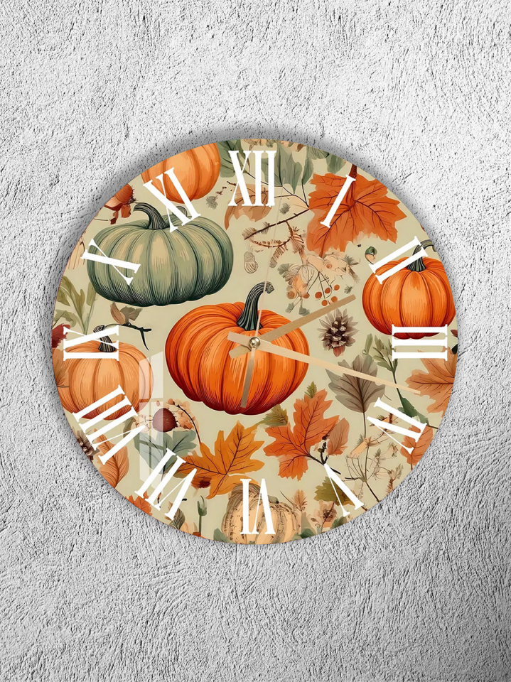 KIRILMAZ CAM DUVAR SAATİ, HEM TABLO HEM SAAT BALKABAĞI SONBAHAR DESEN DOĞAL TASARIM EV OFİS HEDİYESİ