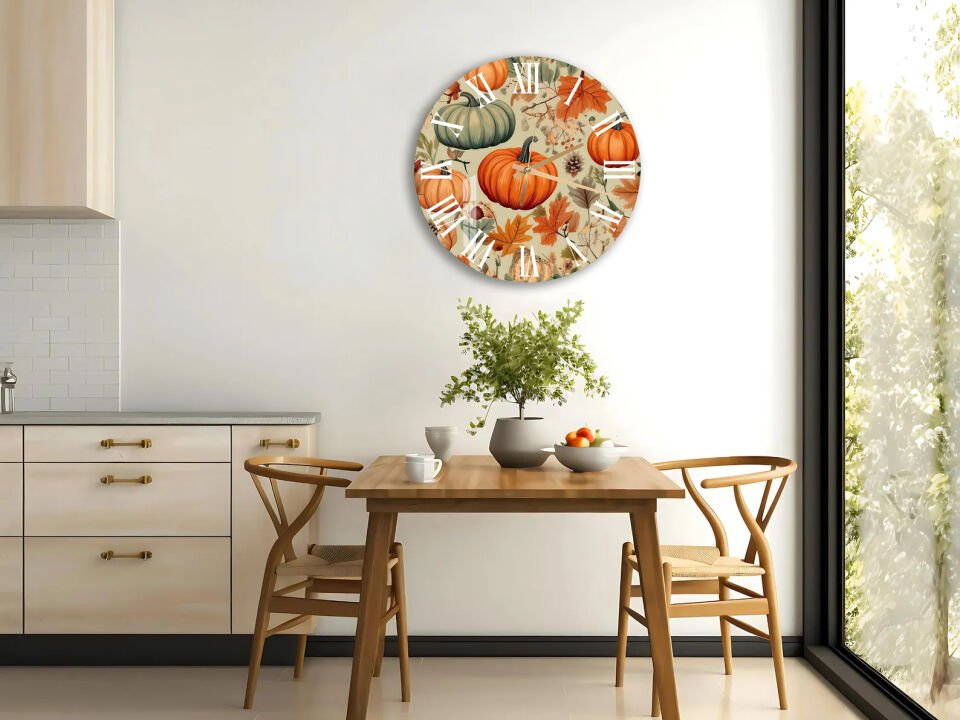 KIRILMAZ CAM DUVAR SAATİ, HEM TABLO HEM SAAT BALKABAĞI SONBAHAR DESEN DOĞAL TASARIM EV OFİS HEDİYESİ