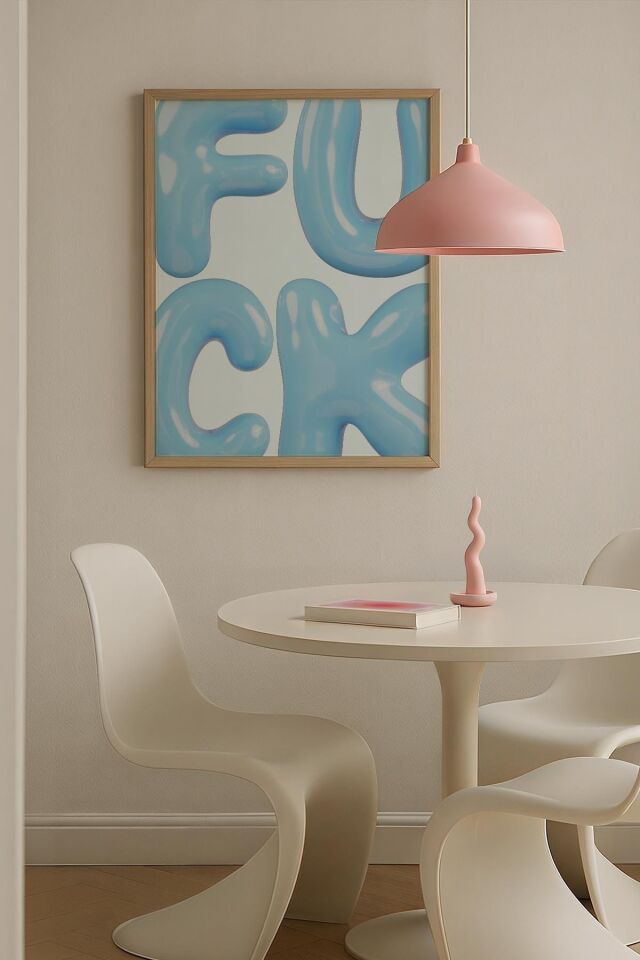 DOĞAL AHŞAP - Blue F*CK Yazı Poster Trendy Maksimalist Sanatı Ahşap Çerçeveli Duvar Tablosu