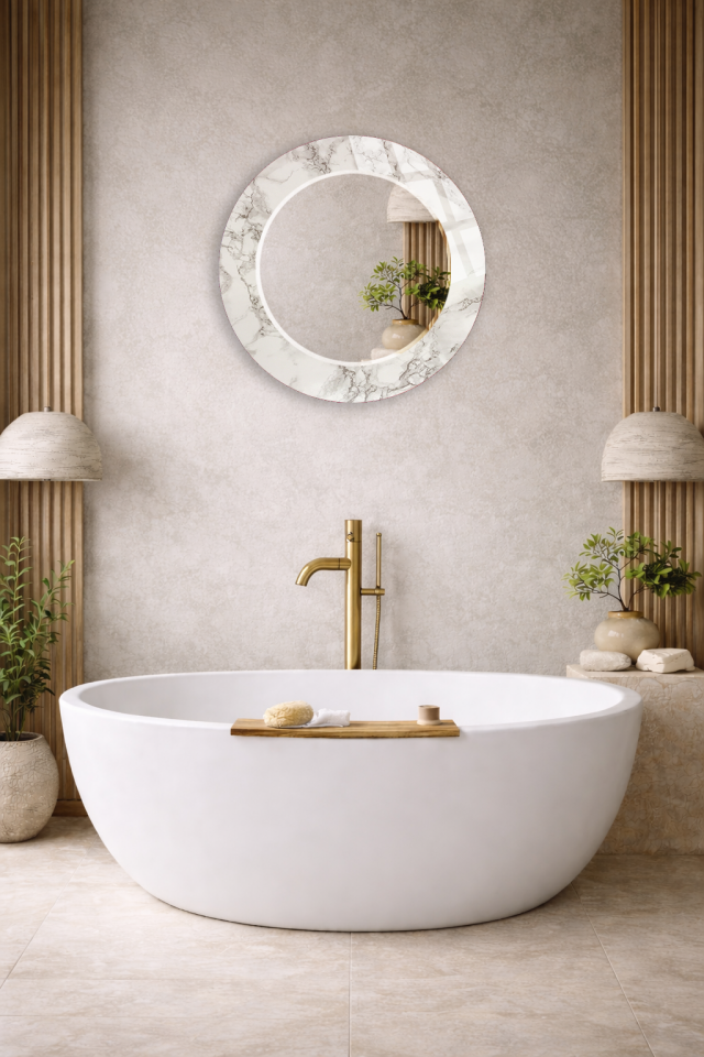 HEM TABLO HEM AYNA BEYAZ MERMER EFEKTLİ CAM DUVAR AYNASI ANTRE VE SALON DEKORU