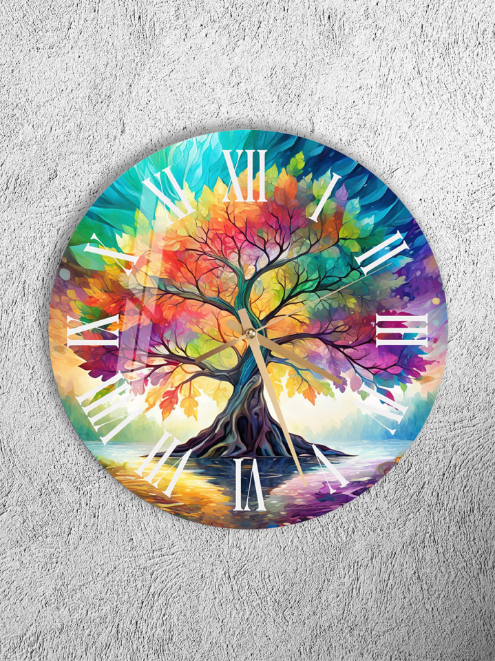 KIRILMAZ CAM DUVAR SAATİ, RENKLİ HAYAT AĞACI SANATSAL TASARIM, HEM TABLO HEM SAAT, EV OFİS HEDİYESİ