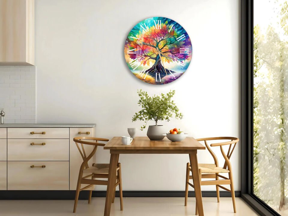 KIRILMAZ CAM DUVAR SAATİ, RENKLİ HAYAT AĞACI SANATSAL TASARIM, HEM TABLO HEM SAAT, EV OFİS HEDİYESİ
