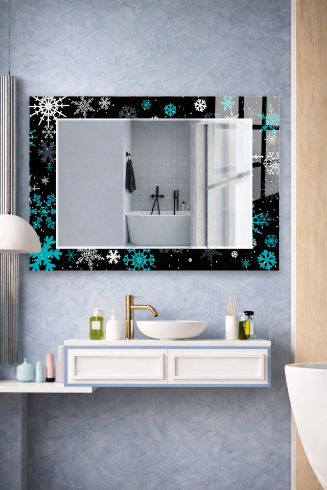 HEM TABLO HEM AYNA KAR TANESİ KIŞ TEMALI DEKORATİF CAM DUVAR AYNASI EV DEKORU