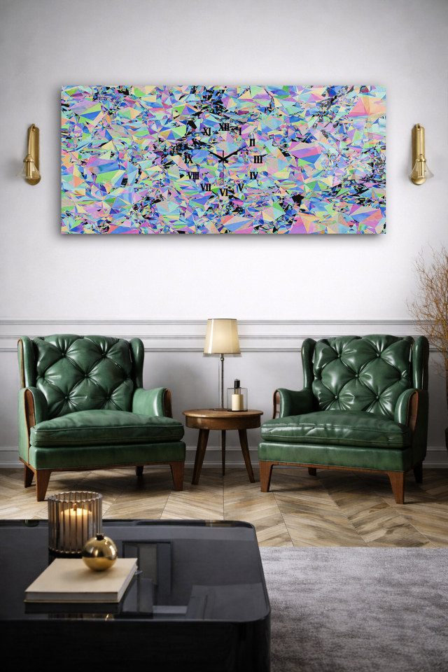 KIRILMAZ CAM DUVAR SAATİ , HEM TABLO HEM SAAT RENKLİ GEOMETRİK PRİZMA DESEN EV OFİS HEDİYESİ