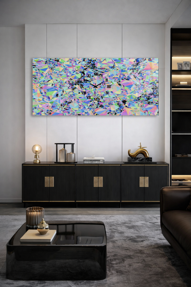 KIRILMAZ CAM DUVAR SAATİ , HEM TABLO HEM SAAT RENKLİ GEOMETRİK PRİZMA DESEN EV OFİS HEDİYESİ