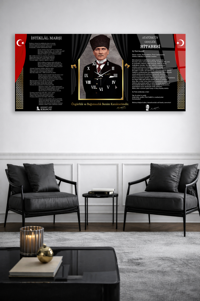 KIRILMAZ CAM DUVAR SAATİ , HEM TABLO HEM SAAT ATATÜRK İSTİKLAL VE HİTABE TASARIM EV OFİS HEDİYESİ