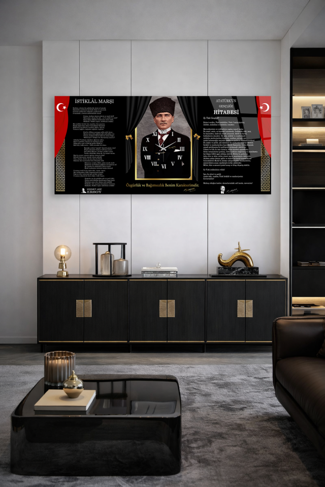KIRILMAZ CAM DUVAR SAATİ , HEM TABLO HEM SAAT ATATÜRK İSTİKLAL VE HİTABE TASARIM EV OFİS HEDİYESİ