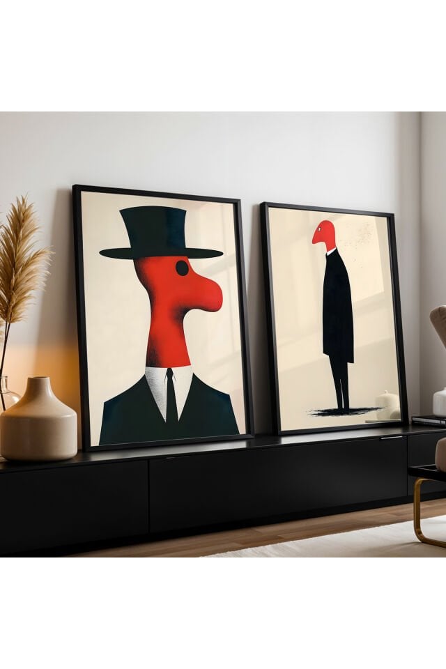 SİYAH - Abstract Figüratif Çizim İkili Doğal Ahşap Çerçeveli Duvar Tablo Seti