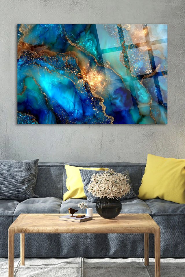 MAVİ TURKUAZ AKİK DESEN ALTIN PARILTILI MODERN SANATSAL EV HEDİYESİ TABLO KIRILMAZ LÜKS CAM TABLO Turkuaz