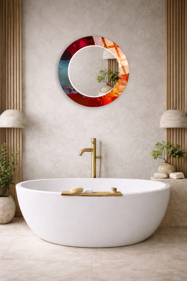HEM TABLO HEM AYNA SOYUT RENKLİ SANATSAL CAM DUVAR AYNASI MODERN EV DEKORU