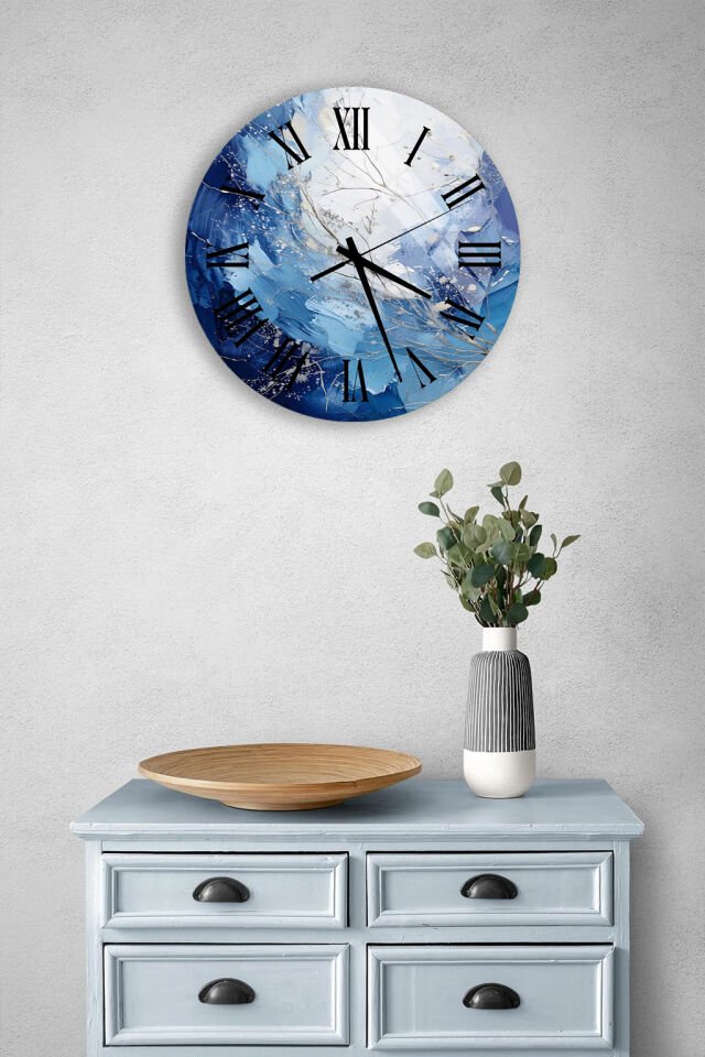 KIRILMAZ CAM DUVAR SAATİ, MAVİ SOYUT YAĞLI BOYA SANAT TASARIMI, HEM TABLO HEM SAAT, EV OFİS HEDİYESİ
