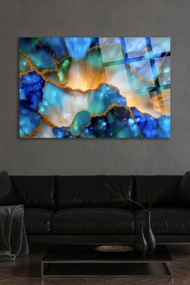 MAVİ TURKUAZ AKİK DESEN ALTIN DAMARLI SANATSAL DEKOR TABLO KIRILMAZ LÜKS CAM TABLO Turkuaz