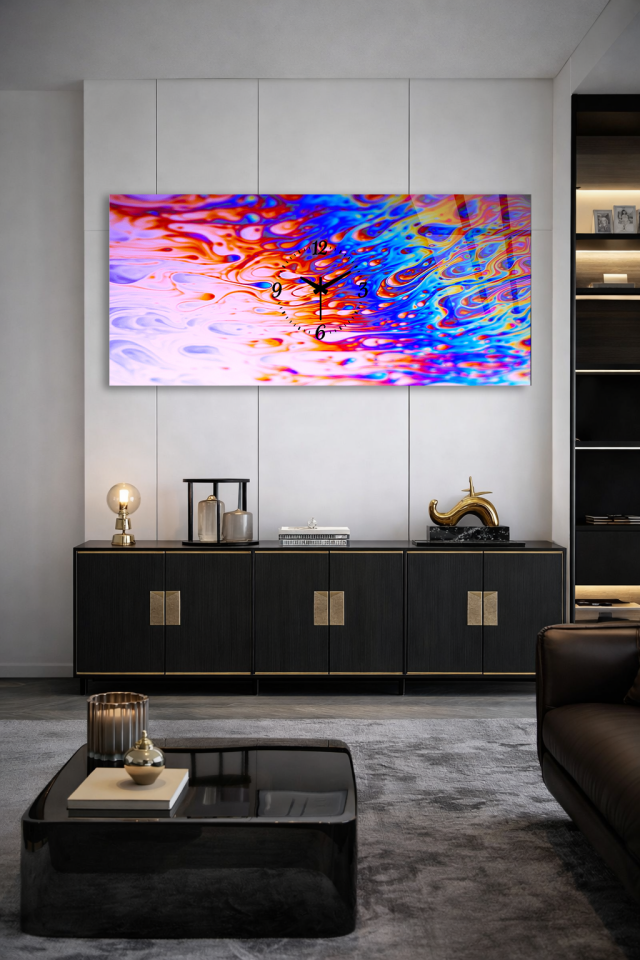 KIRILMAZ CAM DUVAR SAATİ , HEM TABLO HEM SAAT RENKLİ PSİKEDELİK AKIŞ EV OFİS HEDİYESİ