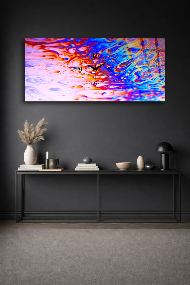 KIRILMAZ CAM DUVAR SAATİ , HEM TABLO HEM SAAT RENKLİ PSİKEDELİK AKIŞ EV OFİS HEDİYESİ