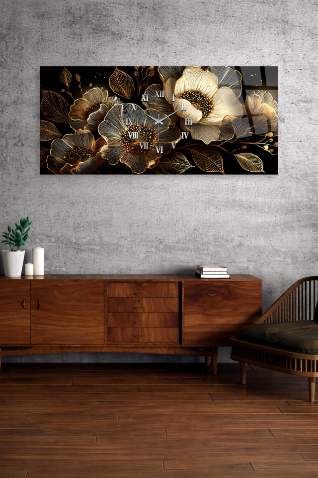 KIRILMAZ CAM DUVAR SAATİ , HEM TABLO HEM SAAT SİYAH ZEMİN ALTIN ÇİÇEK TASARIM EV OFİS HEDİYESİ