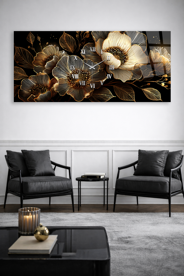 KIRILMAZ CAM DUVAR SAATİ , HEM TABLO HEM SAAT SİYAH ZEMİN ALTIN ÇİÇEK TASARIM EV OFİS HEDİYESİ