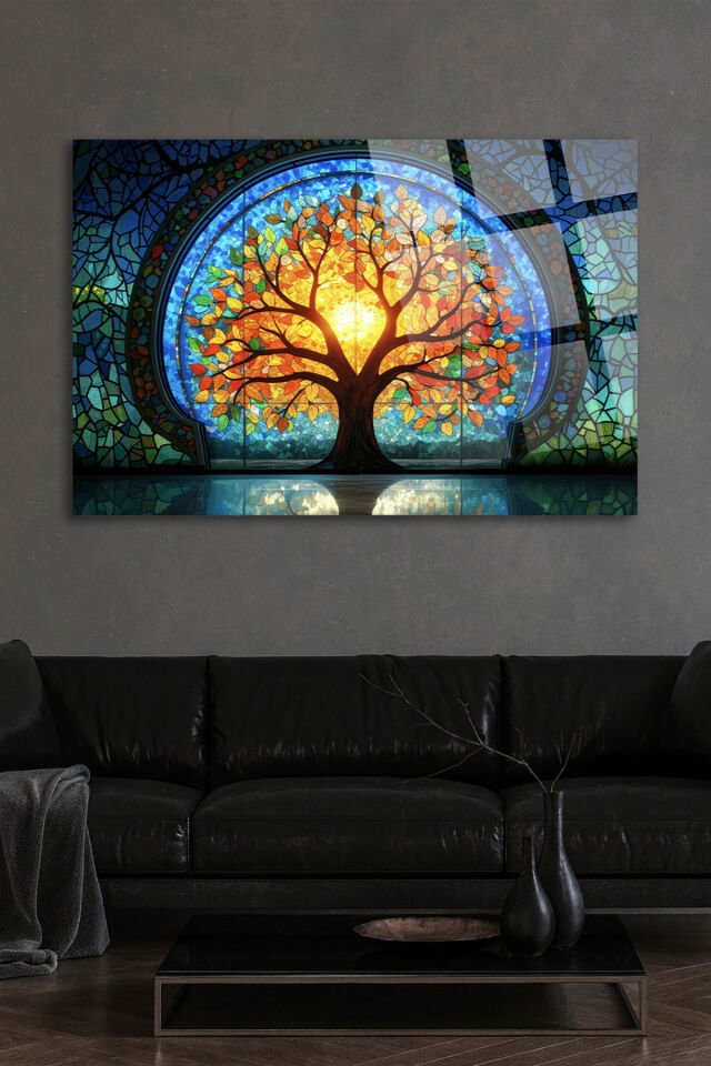 GÖKKUŞAĞI RENK GEÇİŞLİ YAŞAM AĞACI VİTRAJ DETAYLI MODERN EV DEKOR TABLOSU KIRILMAZ LÜKS CAM TABLO Yeşil