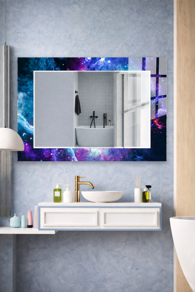 HEM TABLO HEM AYNA GALAKSİ UZAY TEMALI MODERN CAM DUVAR AYNASI EV DEKORU