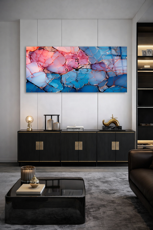 KIRILMAZ CAM DUVAR SAATİ , HEM TABLO HEM SAAT MAVİ ALTIN MOZAİK DESEN EV OFİS HEDİYESİ