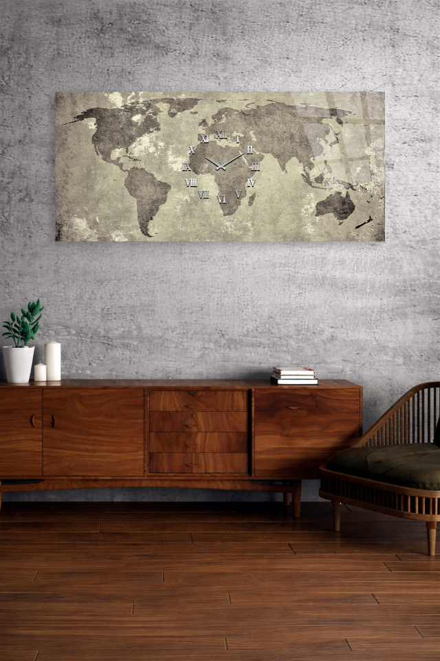 KIRILMAZ CAM DUVAR SAATİ , HEM TABLO HEM SAAT ESKİ DÜNYA HARİTASI VİNTAGE TASARIM EV OFİS HEDİYESİ