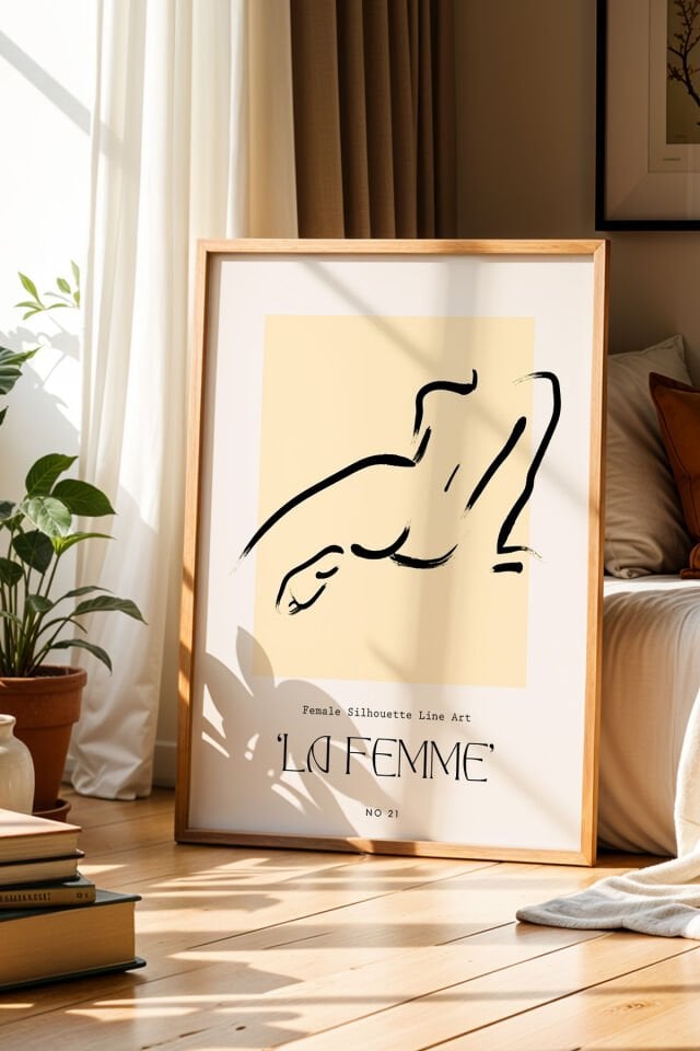 DOĞAL AHŞAP - La Femme Kadın Figürü Bej Bohem Doğal Ahşap Çerçeveli Duvar Tablosu