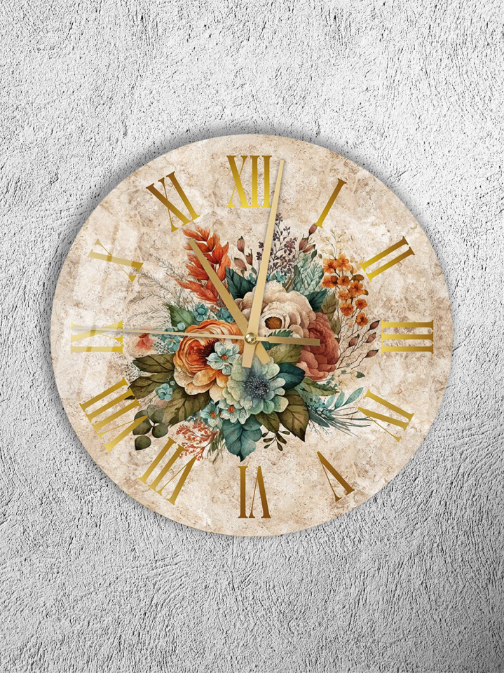 KIRILMAZ CAM DUVAR SAATİ, VİNTAGE ÇİÇEK DESENLİ NOSTALJİK TASARIM, HEM TABLO HEM SAAT, EV OFİS HEDİYESİ