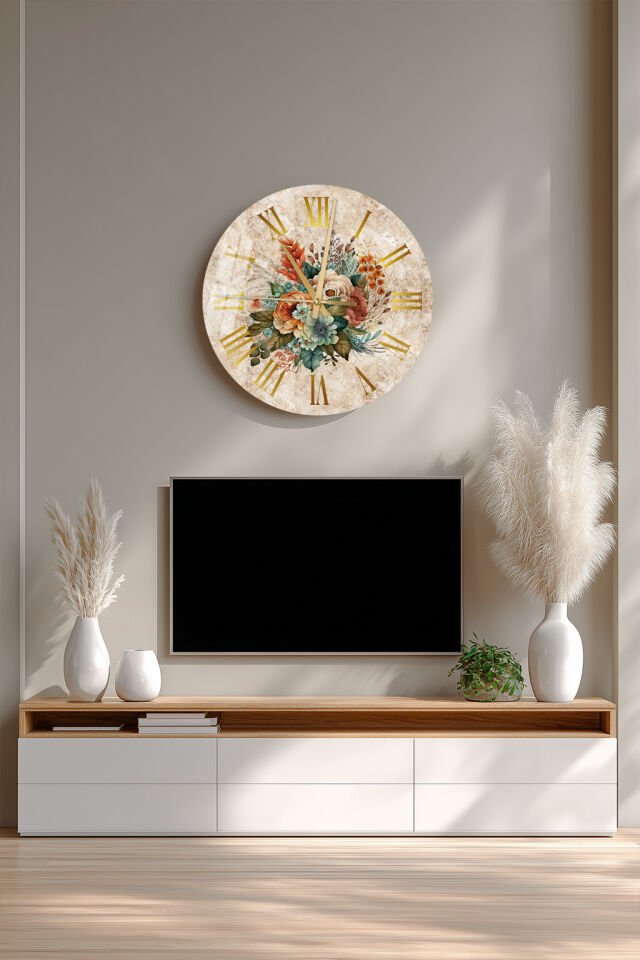 KIRILMAZ CAM DUVAR SAATİ, VİNTAGE ÇİÇEK DESENLİ NOSTALJİK TASARIM, HEM TABLO HEM SAAT, EV OFİS HEDİYESİ