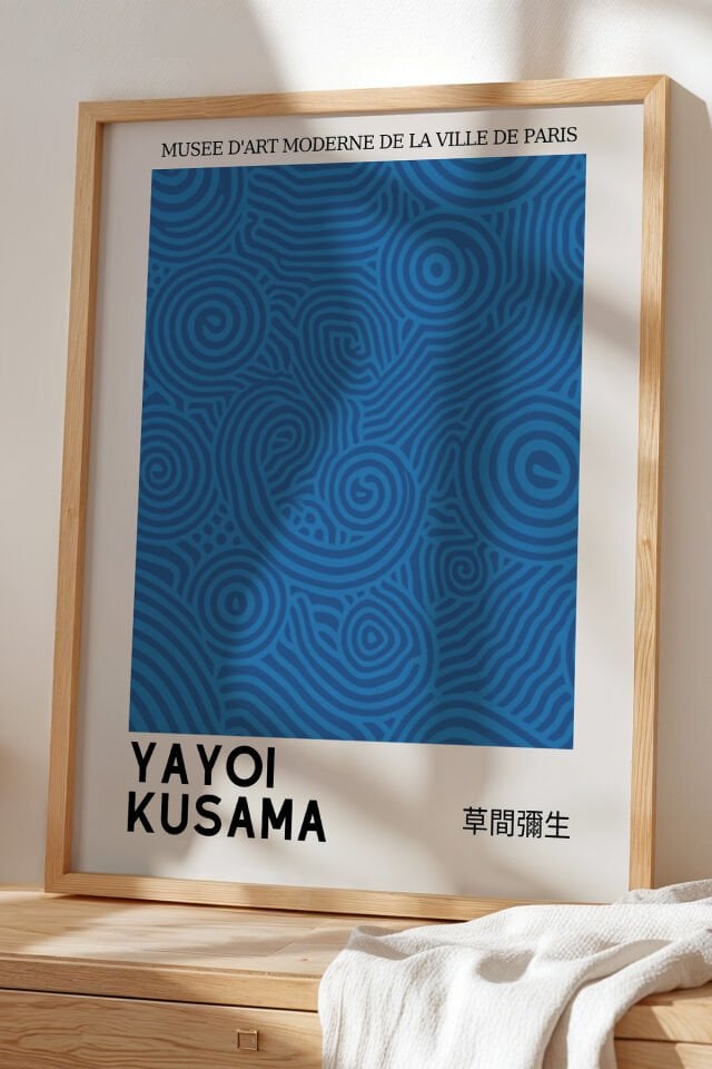 DOĞAL AHŞAP - Mavi Soyut Dalgalar Japandi Tablo - Doğal Ahşap Çerçeveli