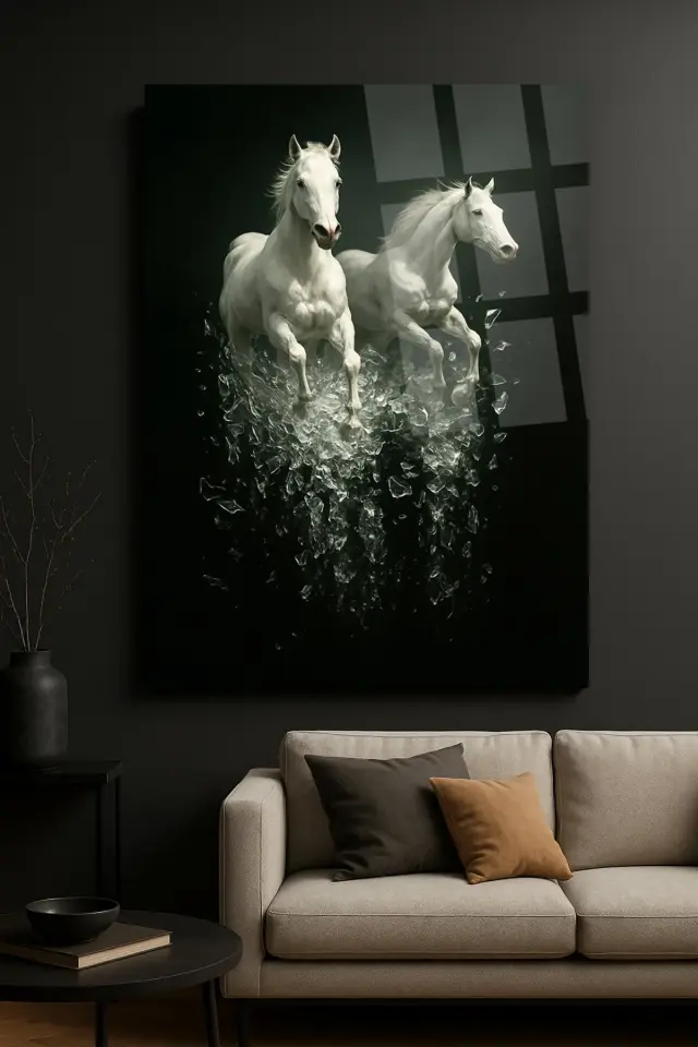 KRİSTAL SAÇAN GÖRKEMLİ ATLAR MODERN KIRILMAZ CAM TABLO EV OFİS HEDİYESİ LÜKS CAM TABLO Siyah