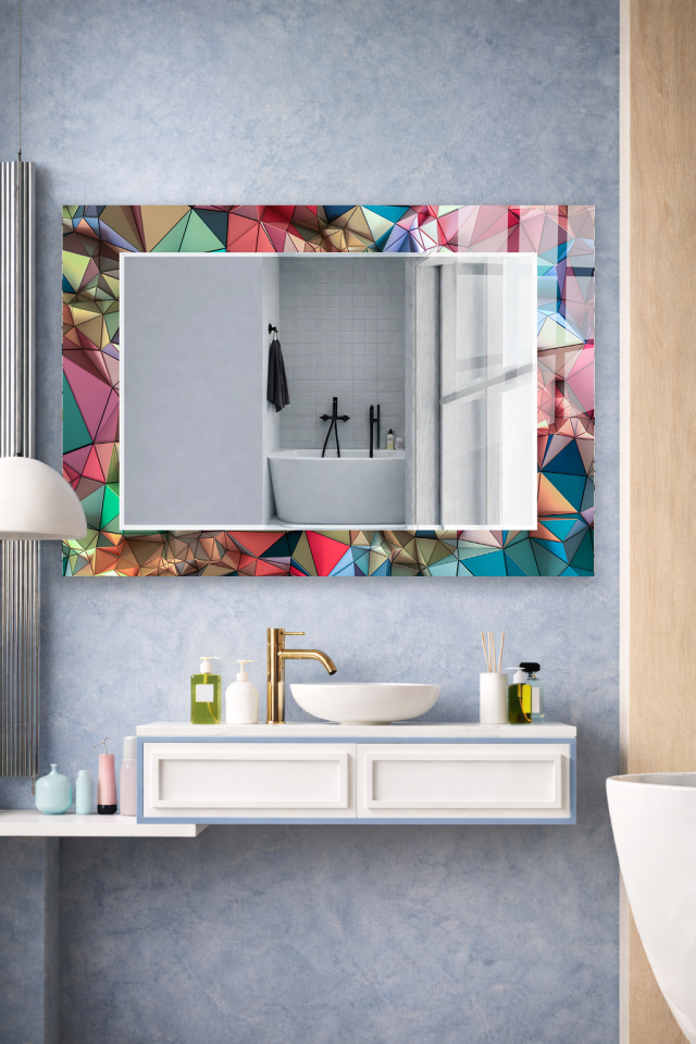HEM TABLO HEM AYNA RENKLİ GEOMETRİK POLİGON SANAT CAM DUVAR AYNASI EV DEKORU