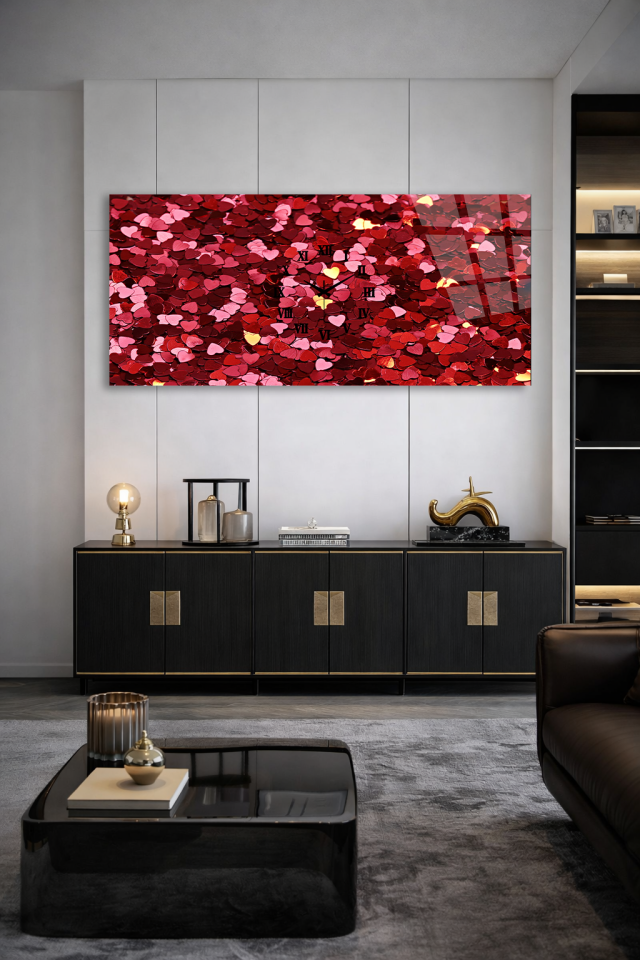 KIRILMAZ CAM DUVAR SAATİ , HEM TABLO HEM SAAT KIRMIZI KALP DOKU DESEN EV OFİS HEDİYESİ