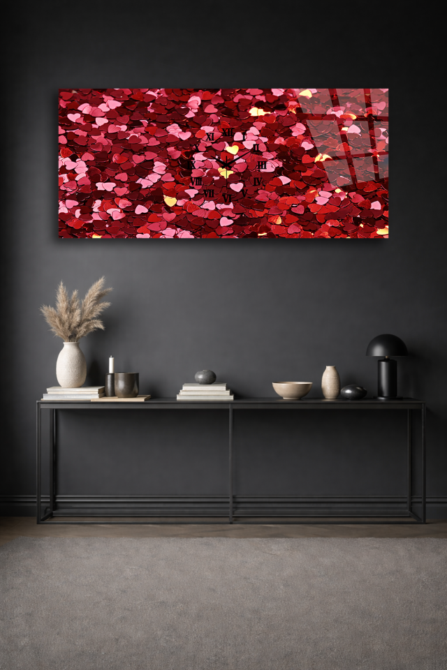 KIRILMAZ CAM DUVAR SAATİ , HEM TABLO HEM SAAT KIRMIZI KALP DOKU DESEN EV OFİS HEDİYESİ