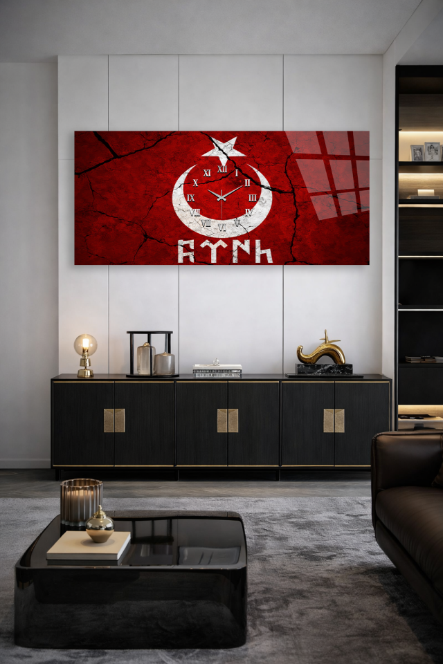 KIRILMAZ CAM DUVAR SAATİ , HEM TABLO HEM SAAT TÜRK BAYRAĞI AY YILDIZ TASARIM EV OFİS HEDİYESİ
