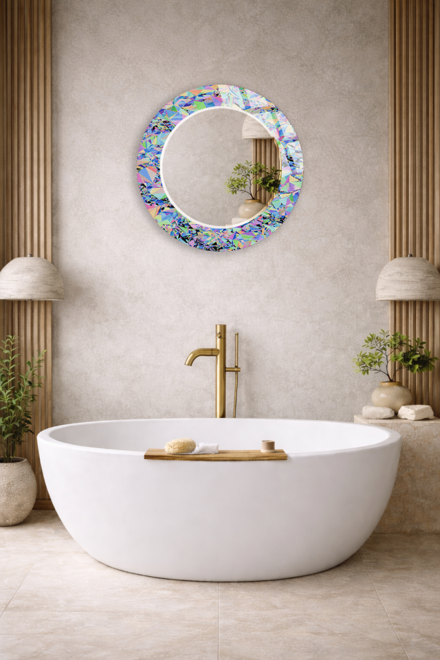 HEM TABLO HEM AYNA RENKLİ PRİZMA DESENLİ CAM DUVAR AYNASI EV DEKORU