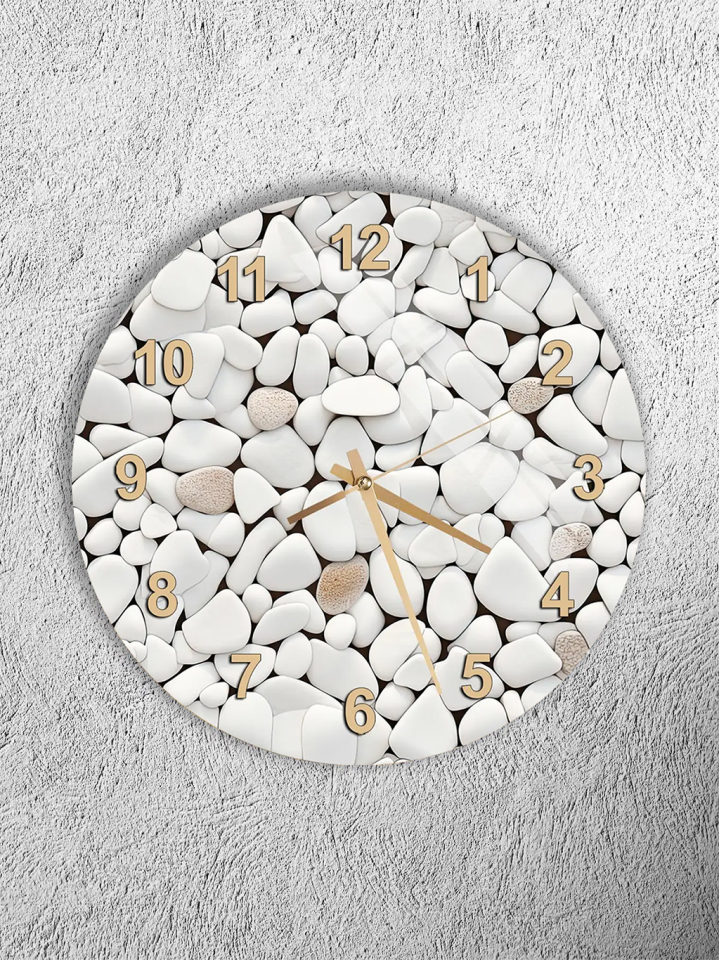 KIRILMAZ CAM DUVAR SAATİ, BEYAZ ÇAKIL TAŞI DESENLİ, HEM TABLO HEM SAAT, MODERN EV OFİS HEDİYESİ