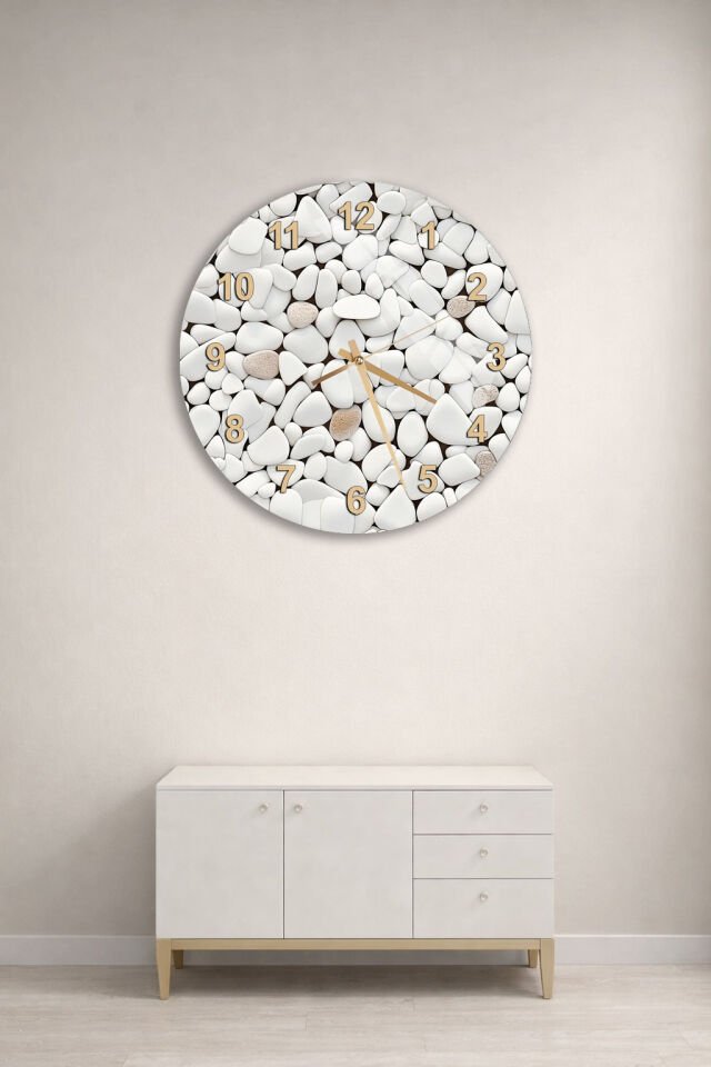 KIRILMAZ CAM DUVAR SAATİ, BEYAZ ÇAKIL TAŞI DESENLİ, HEM TABLO HEM SAAT, MODERN EV OFİS HEDİYESİ