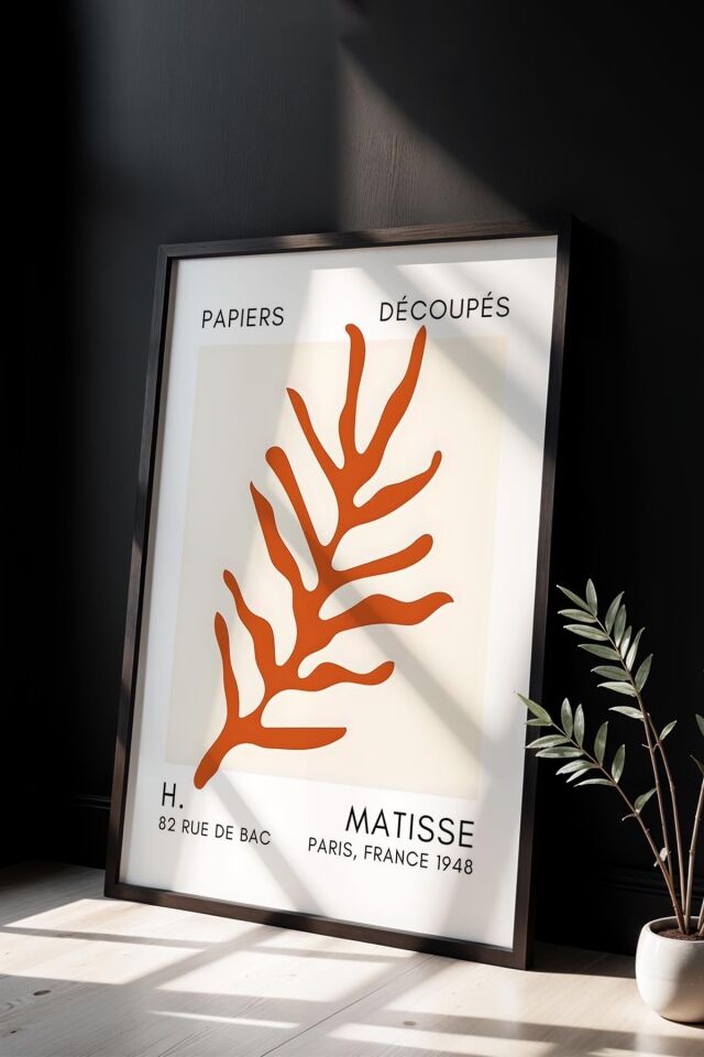 SİYAH - Botanik Serisi Turuncu Çiçekli Matisse Doğal Ahşap Çerçeveli Duvar Tablosu